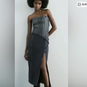 Zara Dark Strapless Denim Midi Dress with High Side Slit